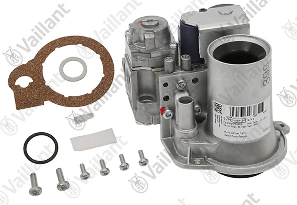 Vaillant Gasarmatur mit Zubehörteilen, einschließlich Dichtungen, Schrauben und einem Montageset. Komponenten zur Installation und Instandhaltung eines Heizsystems.